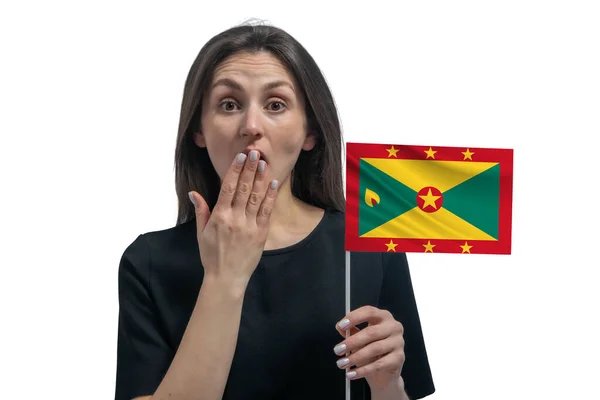 Gelukkig Jong Wit Vrouw Met Vlag Van Grenada Bedekt Haar — Stockfoto