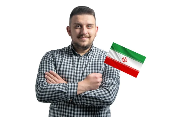 Blanke Man Met Een Vlag Van Iran Glimlachend Vol Vertrouwen — Stockfoto