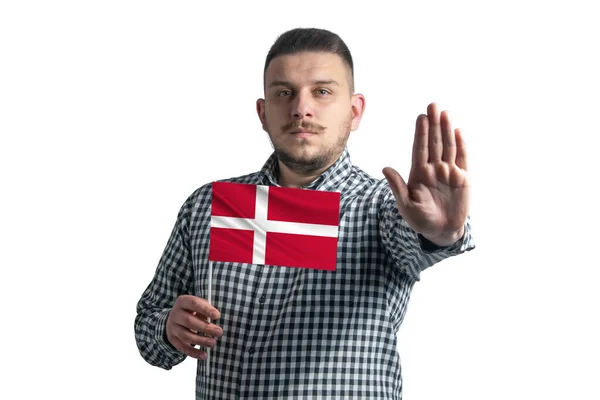 Vit Kille Som Håller Flagga Danmark Och Med Ett Allvarligt — Stockfoto