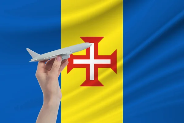 Avião Mãos Com Bandeira Nacional Madeira Viagem Madeira — Fotografia de Stock