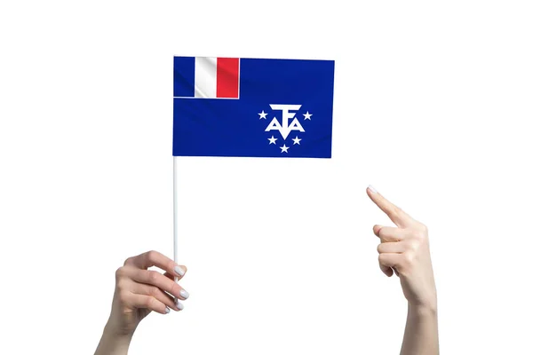 Una Hermosa Mano Femenina Sostiene Una Bandera Francesa Los Territorios — Foto de Stock