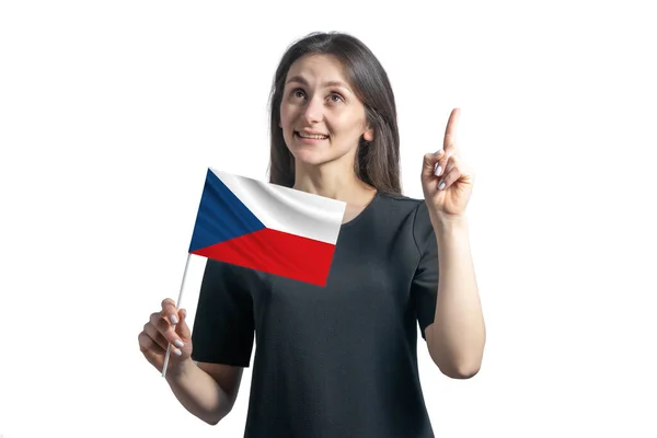 Счастливая Молодая Белая Женщина Флагом Чешской Республики Указывает Пальцами Вверх — стоковое фото