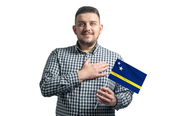 White Guy Holding Flag Curacao Holds His Hand His Heart — 图库照片