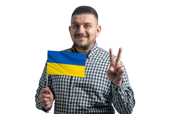 White Guy Holding Flag Ukraine Shows Two Fingers Isolated White — Stock Photo, Image