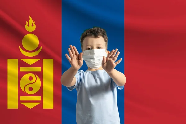 Little White Boy Protective Mask Background Flag Mongolia Makes Stop — 图库照片