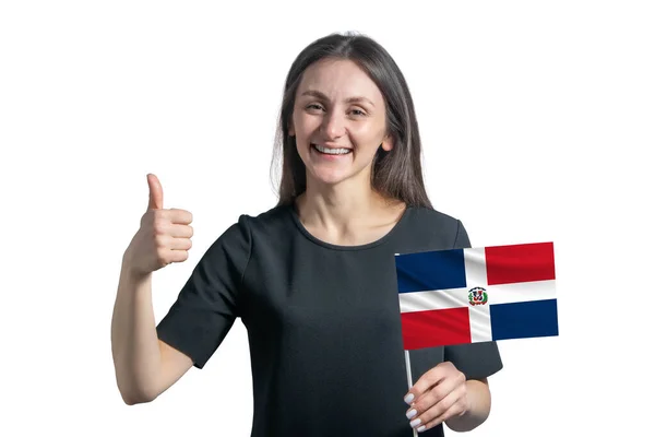 Gelukkige Jonge Blanke Vrouw Met Vlag Van Dominicaanse Republiek Toont — Stockfoto