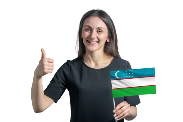 Feliz Joven Mujer Blanca Sosteniendo Bandera Hungría Muestra Clase Mano — Foto de Stock