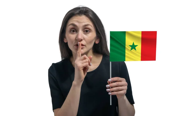 Boldog Fiatal Fehér Kezében Zászló Szenegál Tartja Ujját Hogy Ajkai — Stock Fotó