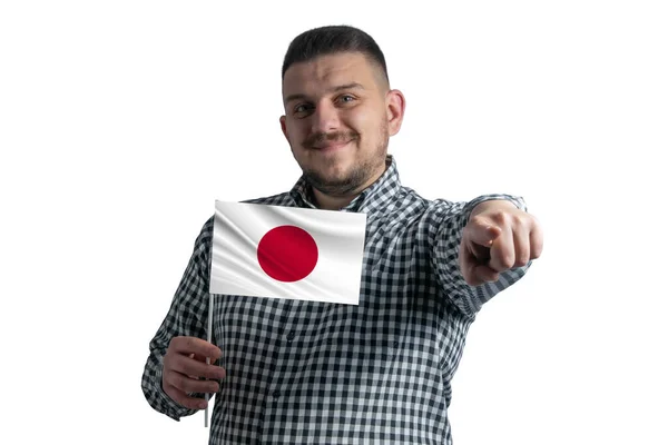 Blanke Man Met Een Vlag Van Japan Wijst Naar Voren — Stockfoto