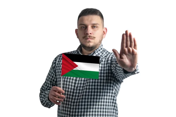 Білий Хлопець Який Тримає Прапор Палестинської Держави Серйозним Обличчям Показує — стокове фото