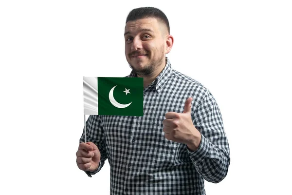 Білий Хлопець Тримає Прапор Пакистану Показує Клас Вручну Ізольований Білому — стокове фото