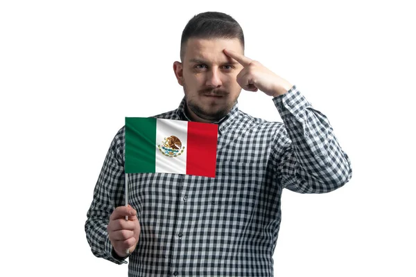 White Guy Holding Flag Mexico Finger Touches Temple Head Isolated — Stock Photo, Image