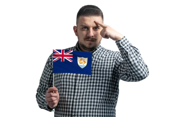 Blanke Man Met Een Vlag Van Anguilla Een Vinger Raakt — Stockfoto