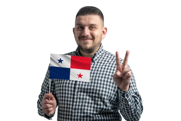 White Guy Holding Flag Panama Shows Two Fingers Isolated White — Stock Photo, Image