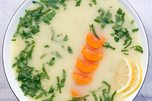 Bowl Lemon Soup Table Closeup — Stock Photo, Image