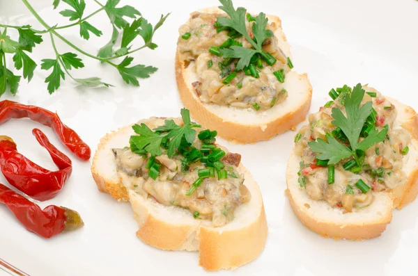 Mini open sandwich sandwiches with fish paste — Stock Photo, Image