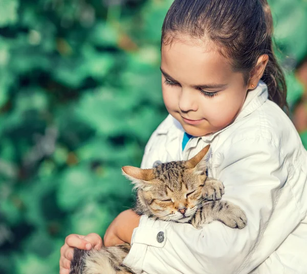 Kedi sarılma kız — Stok fotoğraf