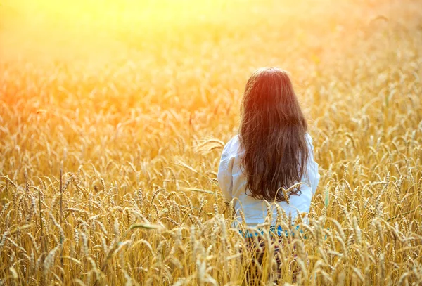 Kleines Mädchen bleibt im Weizenfeld — Stockfoto