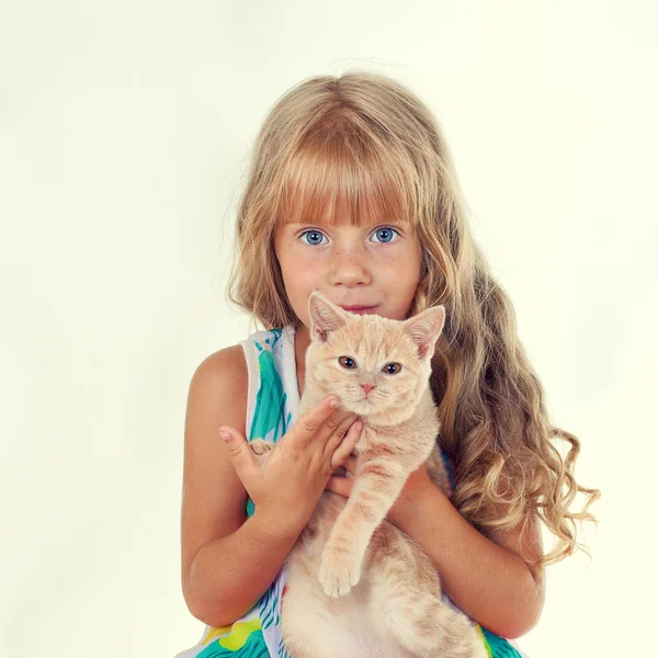 Linda chica abrazando a un pequeño gato —  Fotos de Stock