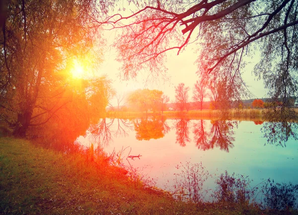 Paesaggio Rurale Mattina Nebbiosa Alba Sul Lago — Foto Stock