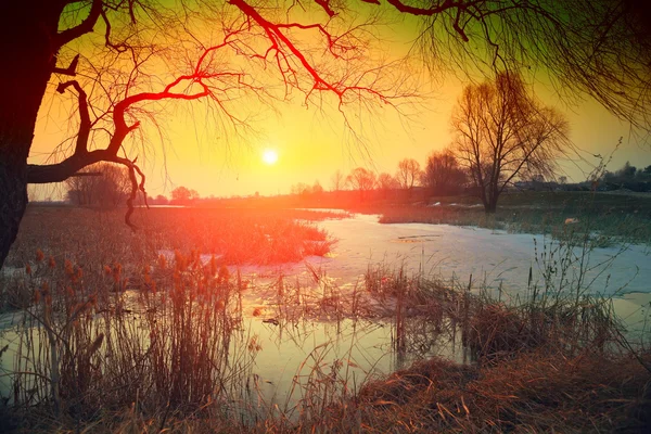 Paisagem Rural Pôr Sol Sobre Lago — Fotografia de Stock