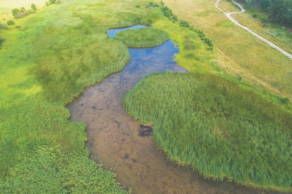 Vista Aérea Del Campo Arroyo Día Soleado Verano Hermoso Paisaje — Foto de Stock