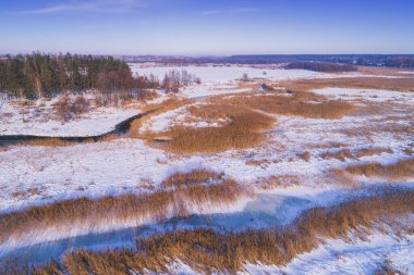Kışın kırsal alan. Ormanın yukarısından ve çayırdaki derenin manzarası. Doğa arkaplanı