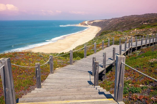 Paredes Panoramic Boardwalk Wooden Stairway Rocky Seashore Sunny Day Polvoeira — Stock Photo, Image