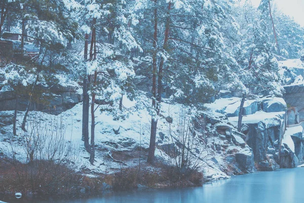 Kış Soğuk Doğası Granit Kayalık Göl Kıyısı Donmuş Göl — Stok fotoğraf