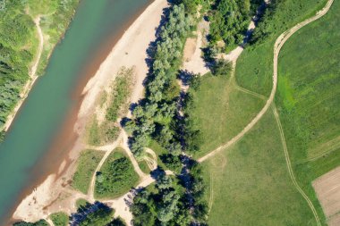 Güneşli bir günde ormanın, nehrin ve tarlanın yukarıdan görünüşü. Doğa manzarası. Tisza Nehri, Zakarpattia Oblastı, Ukrayna, Avrupa