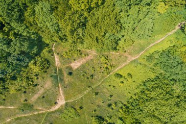 Yaz aylarında dağ toprak yolu ve ormanın havadan görünüşü. Skyview soyut manzara. Karpat Dağları. Ukrayna