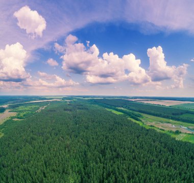 Güzel gökyüzü ve hava manzaralı kırsal bir yer. Kırsal alanın Skyview 'i. Baharda ekili ve yeşil tarlaların ve çam ormanlarının manzarası.