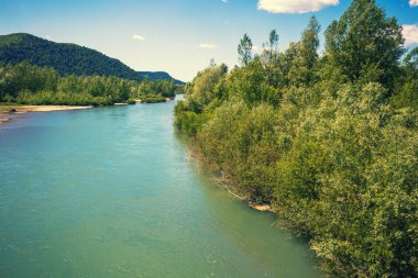 Baharda dağ nehri ve vadi manzarası. Doğa manzarası. Zakarpatska (Zakarpattia) Oblast, Ukrayna