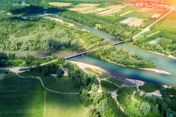 Blick Von Oben Auf Das Bergtal Fluss Einem Sonnigen Tag — Stockfoto