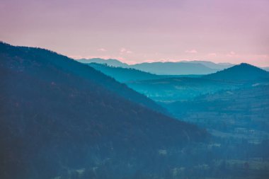 Dağlarda sonbahar. Gün batımında dağ sırtı manzarası. Güzel doğa manzarası. Karpat Dağları. Zakarpattia Oblastı, Ukrayna