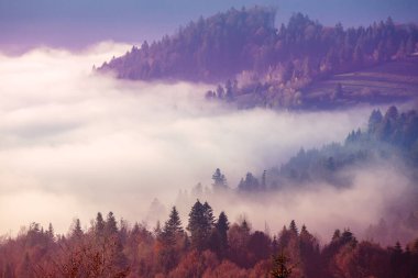 Bulutların üstündeki dağ sırtının muhteşem manzarası.