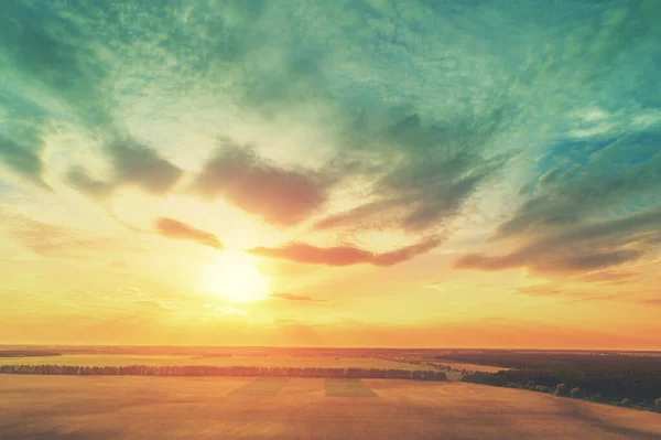 Colorful Cloudy Sky Sunset Sunset Fields Drone View Gradient Color — Foto de Stock