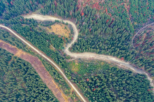 Vue Aérienne Des Montagnes Automne Route Long Rivière Sinueuse Beau — Photo