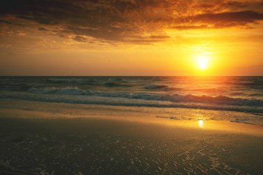 Akşamları deniz manzarası. Denizin üzerinde altın gün batımı