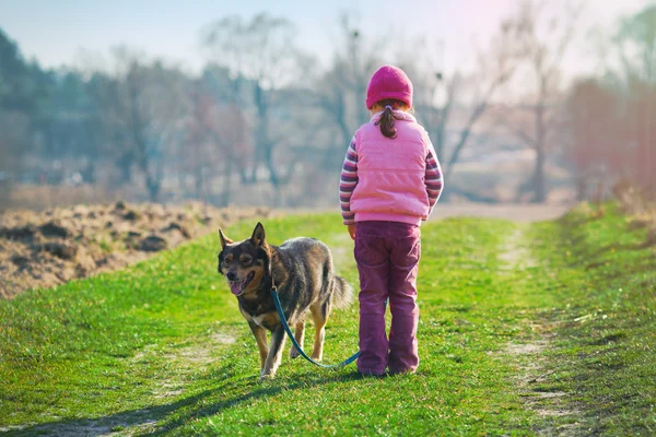 Flicka promenader med hund — Stockfoto