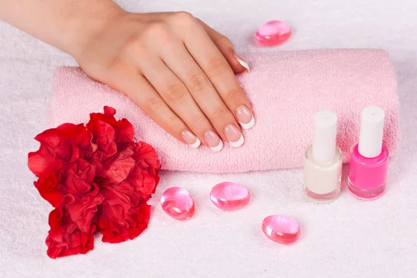 Ręka kobiety z doskonały Francuski manicure — Zdjęcie stockowe