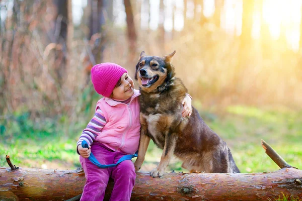 Meisje met hond op het addertje onder het gras — Stockfoto