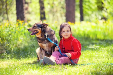 Yaz bahçesinde köpek ile kız