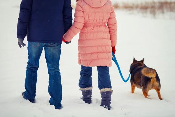 Young couple walking with dog — Stock Photo, Image