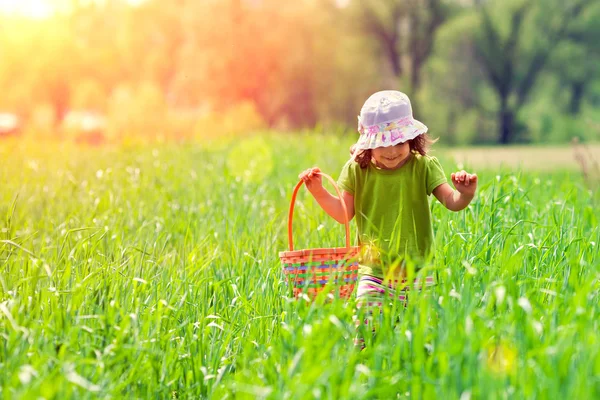 Bambina con cestino da picnic — Foto Stock