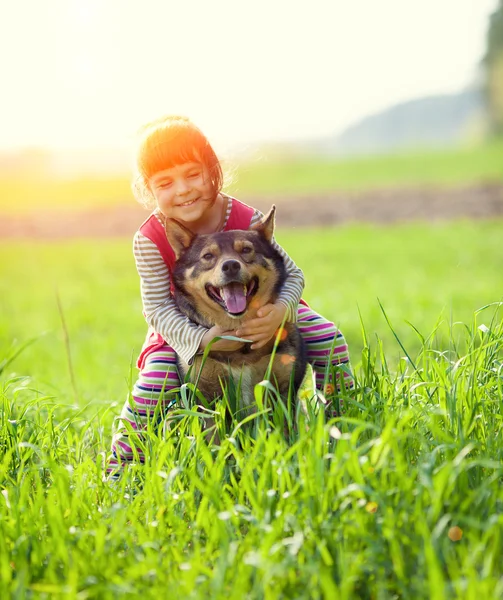Счастливая маленькая девочка на собаке — стоковое фото