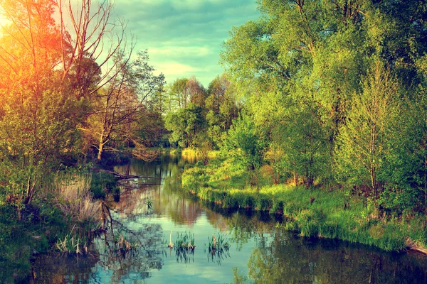 Zonsondergang over de rivier — Stockfoto