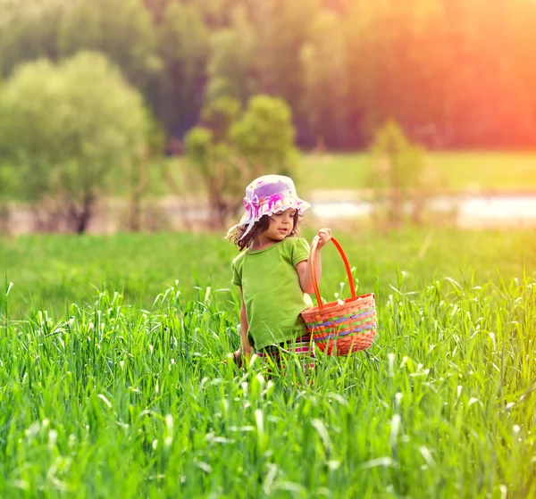 Küçük kız piknik sepeti ile yürüyüş — Stok fotoğraf