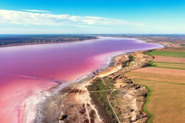 Ukrayna 'nın Odessa bölgesindeki Pembe Göl Kuyalnik' ten panoramik manzara. Pembe Göl 'ün tuzlu dokusu. Su ve doğa geçmişi