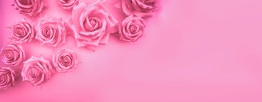 Çiçek arkaplan. Pembe arka planda yapay güller. Yatay Pankart
